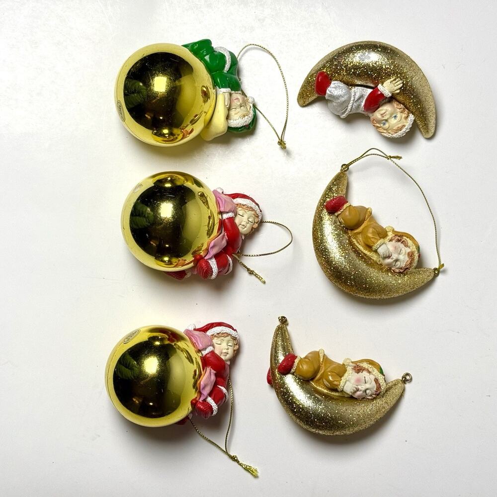 Lot 6 Vintage Sleeping Child Ornaments Moon & Gold Ball Christmas Figurines